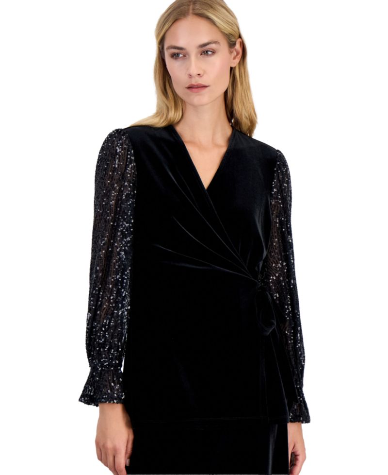 Women's Long-Sleeve Ruffle-Cuff Wrap Blouse