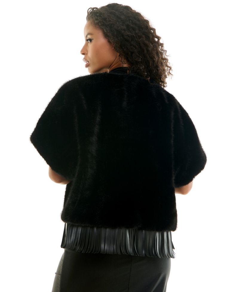Juniors' Faux Fur Open-Front Pleather-Fringe Hem Jacket