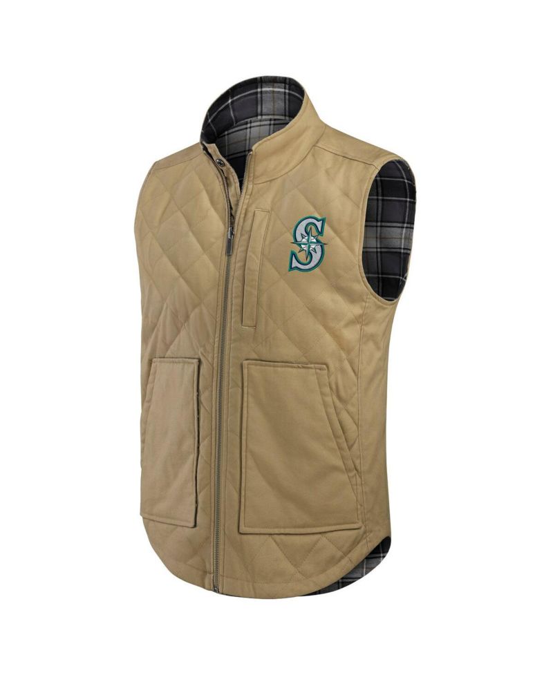 Darius Rucker Collection by Men's Tan/Charcoal Seattle Mariners Reversible Canvas Plaid Patch Full-Zip Vest