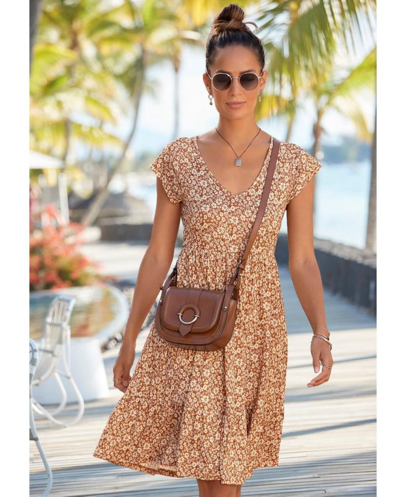 Women's Viscose Printed Flounce A-Line V-Neck Elastic-Waist Short Dress