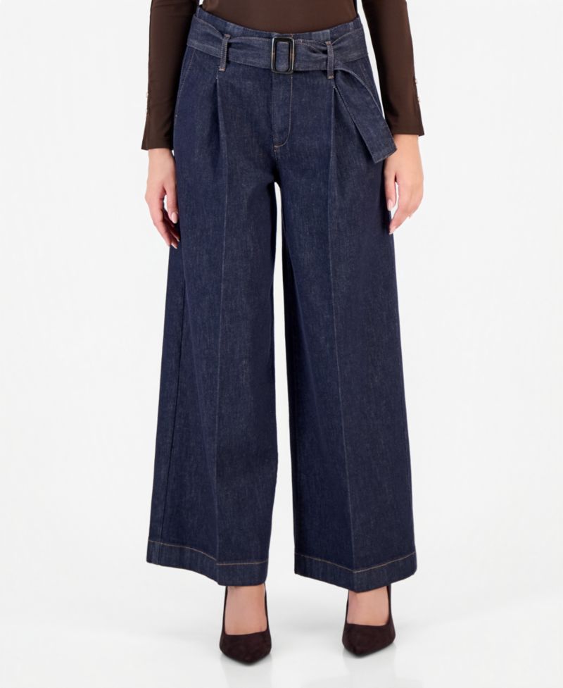 Petite High-Rise Wide-Leg Belted Jeans