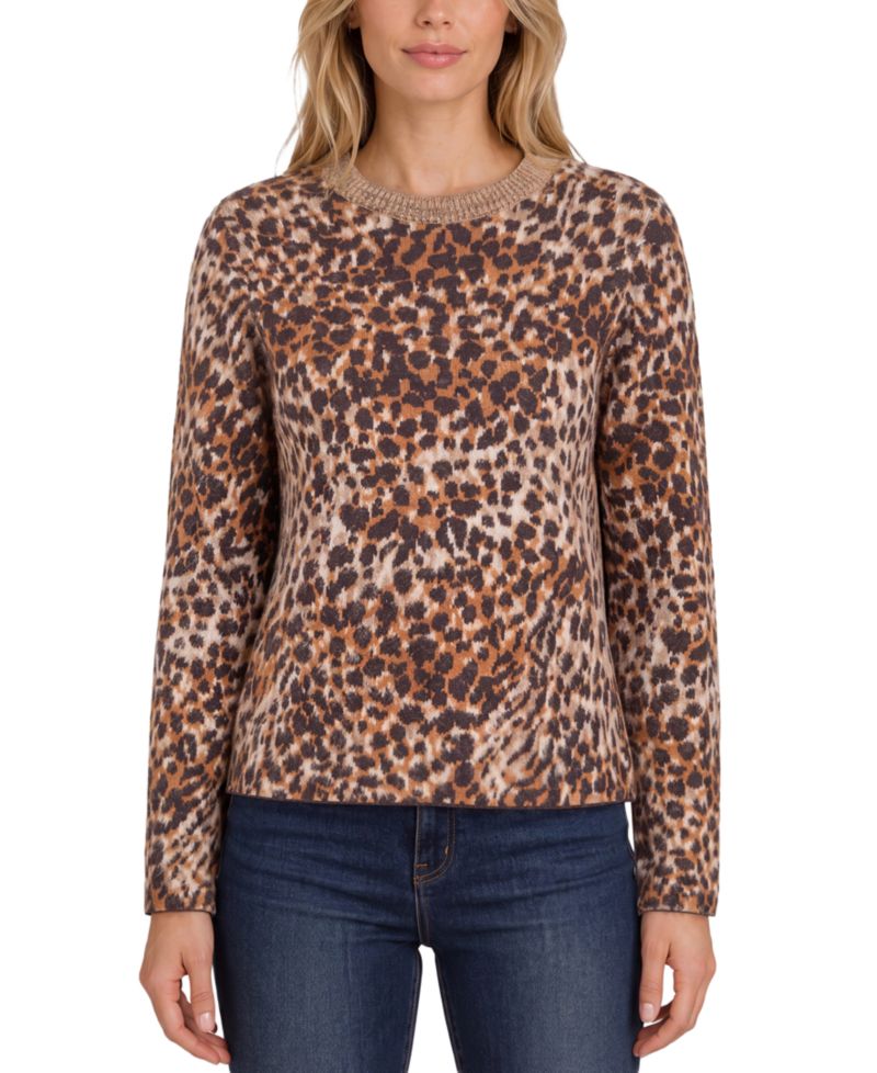 Petite Leopard-Print Long-Sleeve Crewneck Sweater