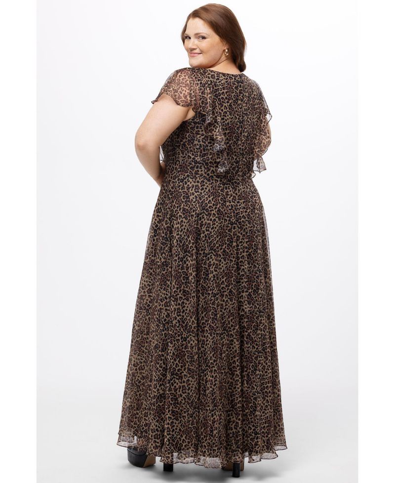 Women's Short Sleeve V-Neck Animal Print Dress with Slit