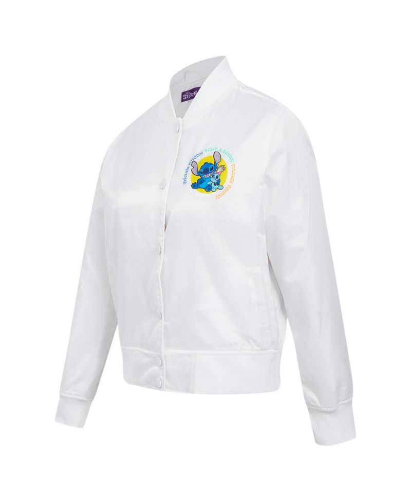 Women's White Lilo and Stitch Scrump Stitch Full-Snap Satin Jacket
