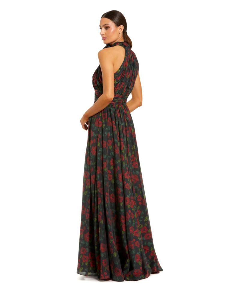 Women's Floral Chiffon 3D Flower Halter Neck Gown