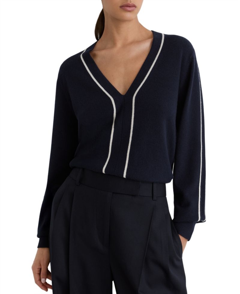 Women's Mila Long-Sleeve V-Neck Stripe-Detail Wool-Blend with Cashmere Pullover