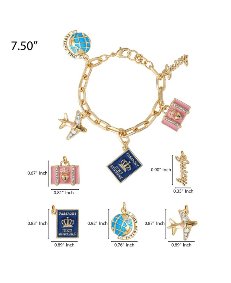 Travel Icons Charm Bracelet, Gold Tone with Blue and Pink Enamel