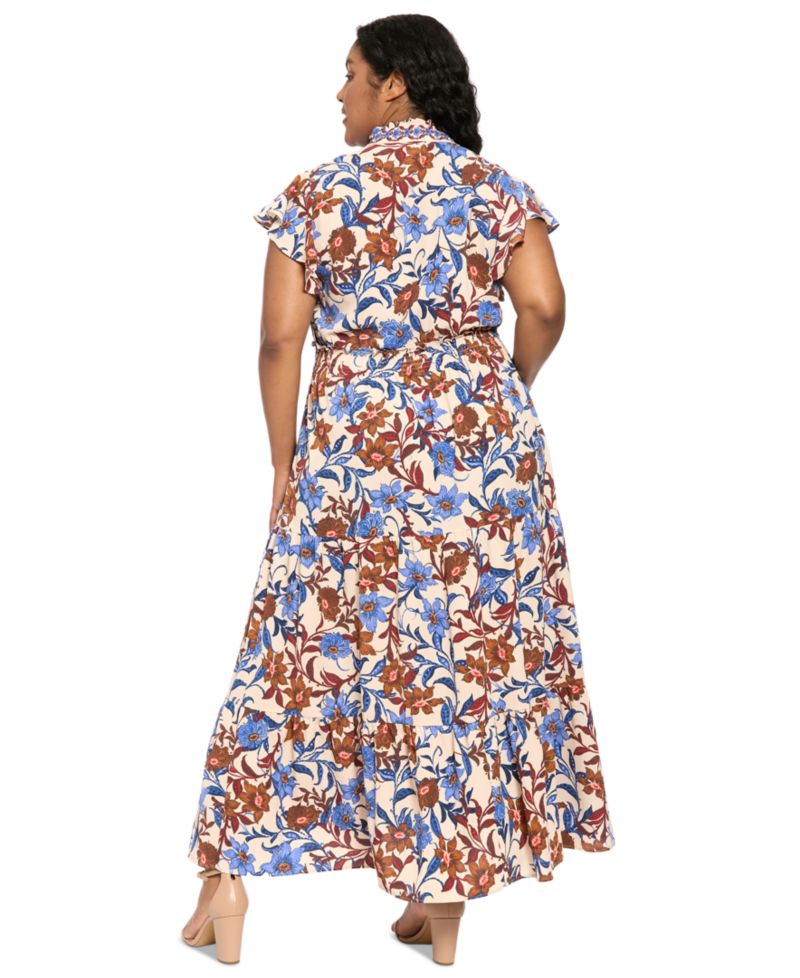 Plus Size Tiered Flutter-Sleeve Bubble-Crepe Maxi Dress