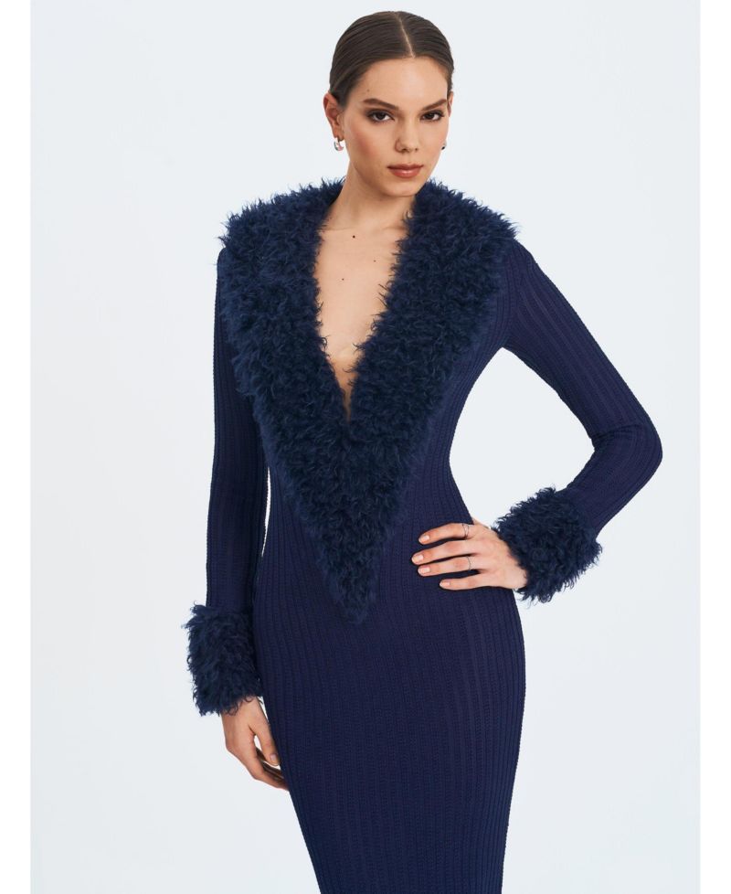 Women's Romina Plunging Fur Trimmed Crochet Maxi Dress