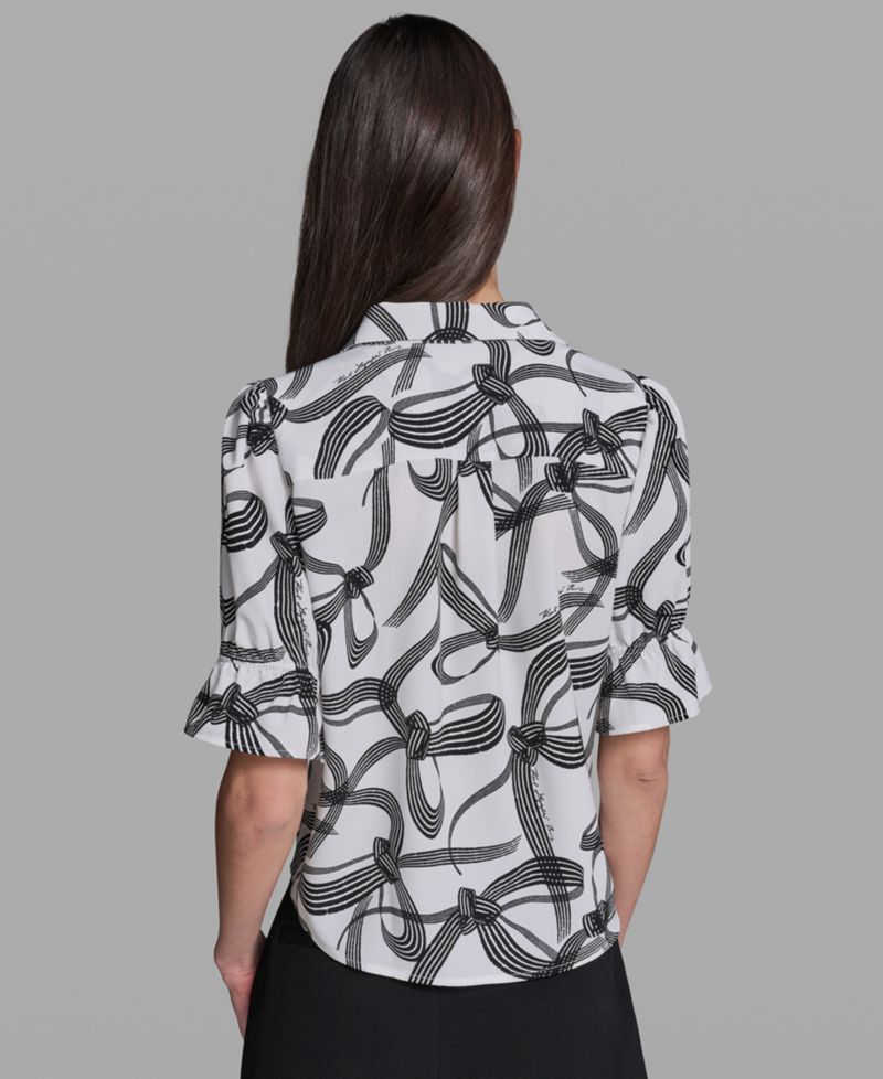 Petite Bow Print Collared Blouse