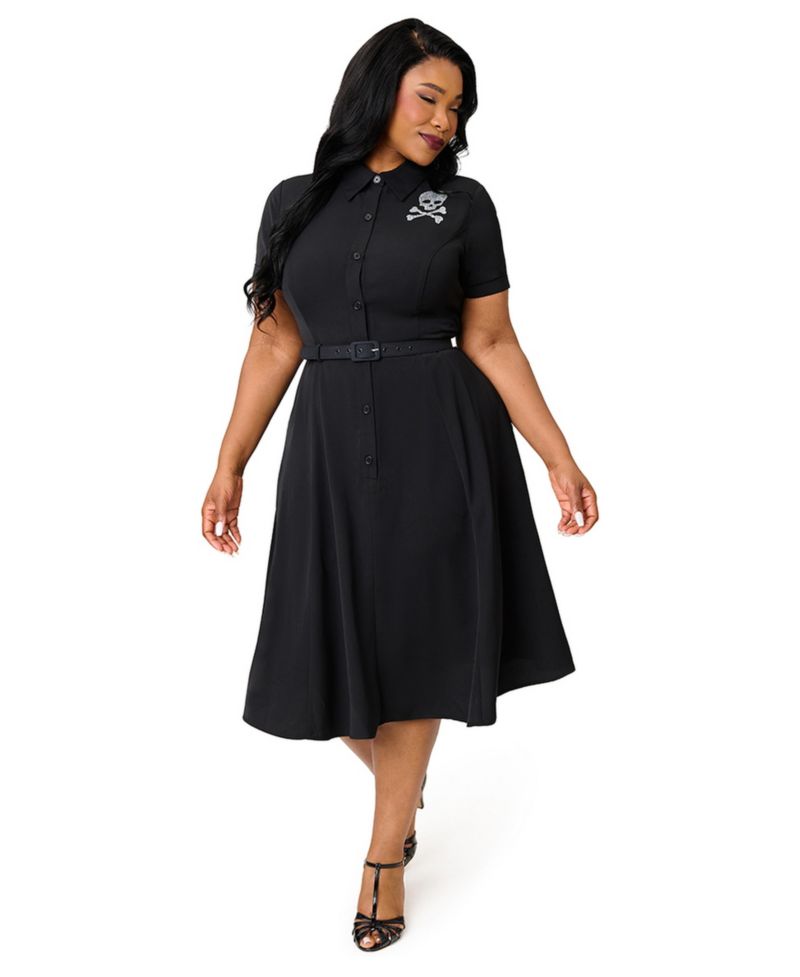 Plus Size 1940s Rhinestone Collared Midi Shirt Dress