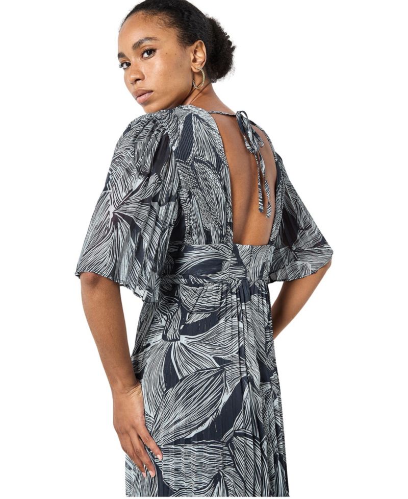 Women's Floral-Print Short-Sleeve Pleated Chiffon Maxi Dress
