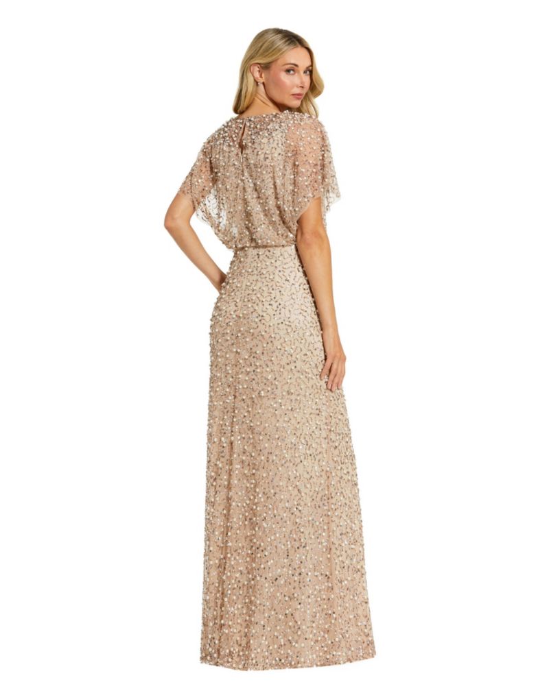 Women's Short Sleeve Beaded Blouson A-line Gown