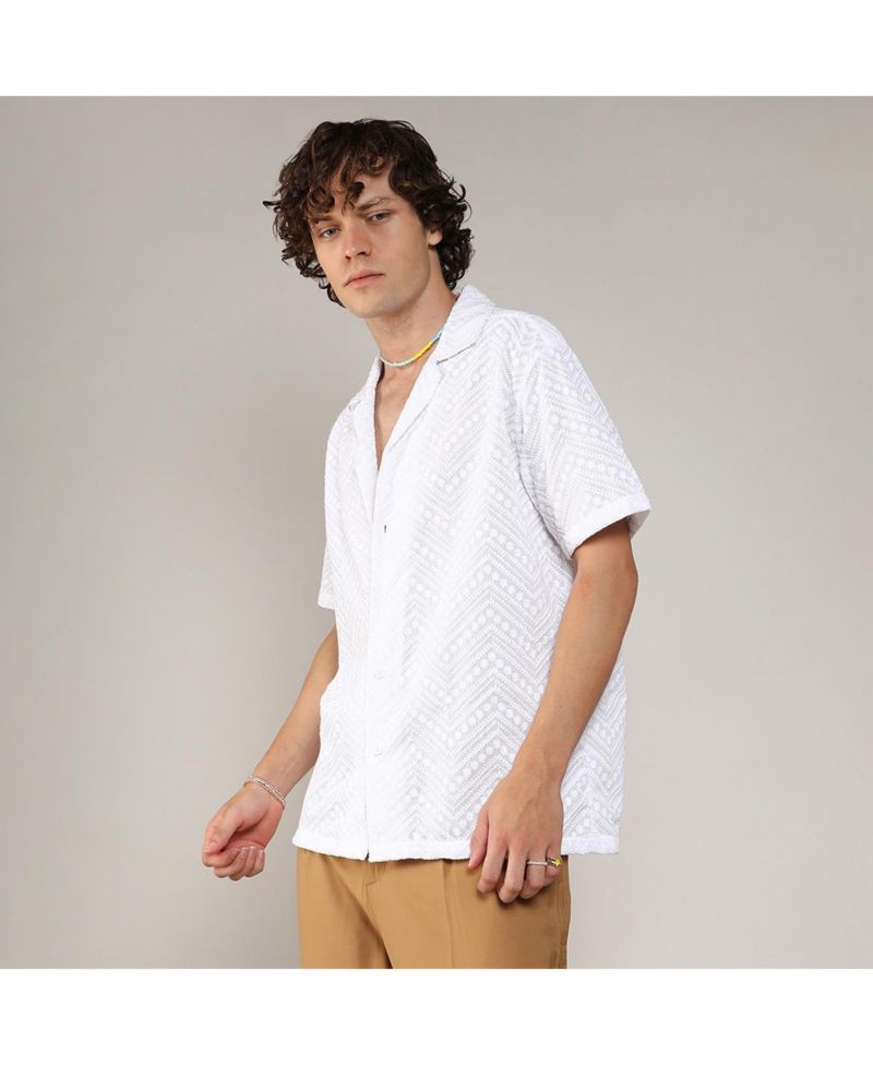 Men's Chalk White Embroidered Zig-Zag Shirt