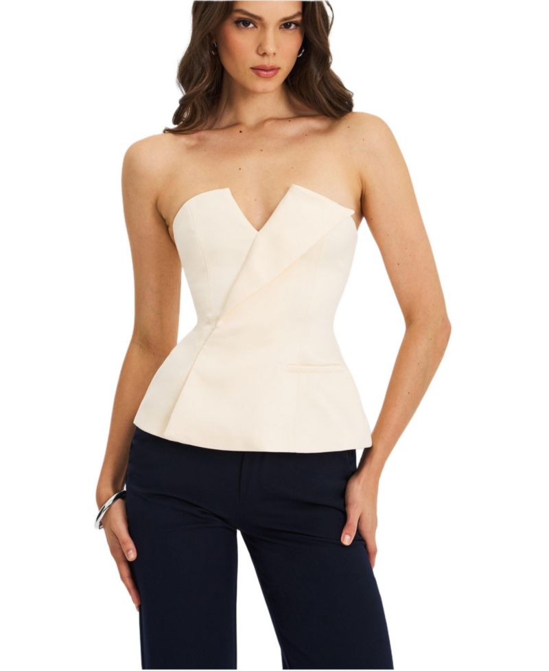 Women Yani Ivory Asymmetrical Lapel Sleeveless Peplum Top