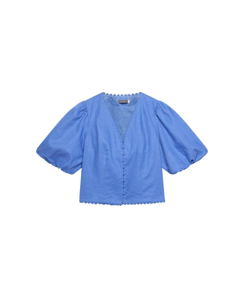 Women's V-Neck Short Puff-Sleeve Scalloped Edge Blouse