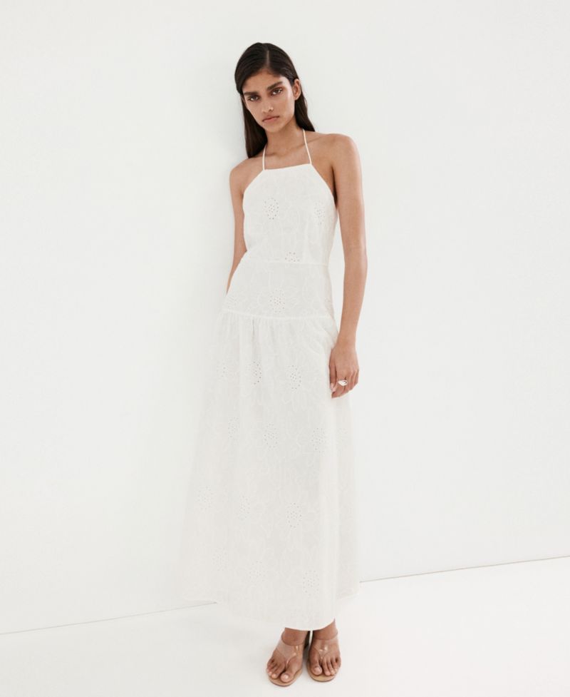Women's Openwork-Embroidery Halter A-Line Cotton Dress