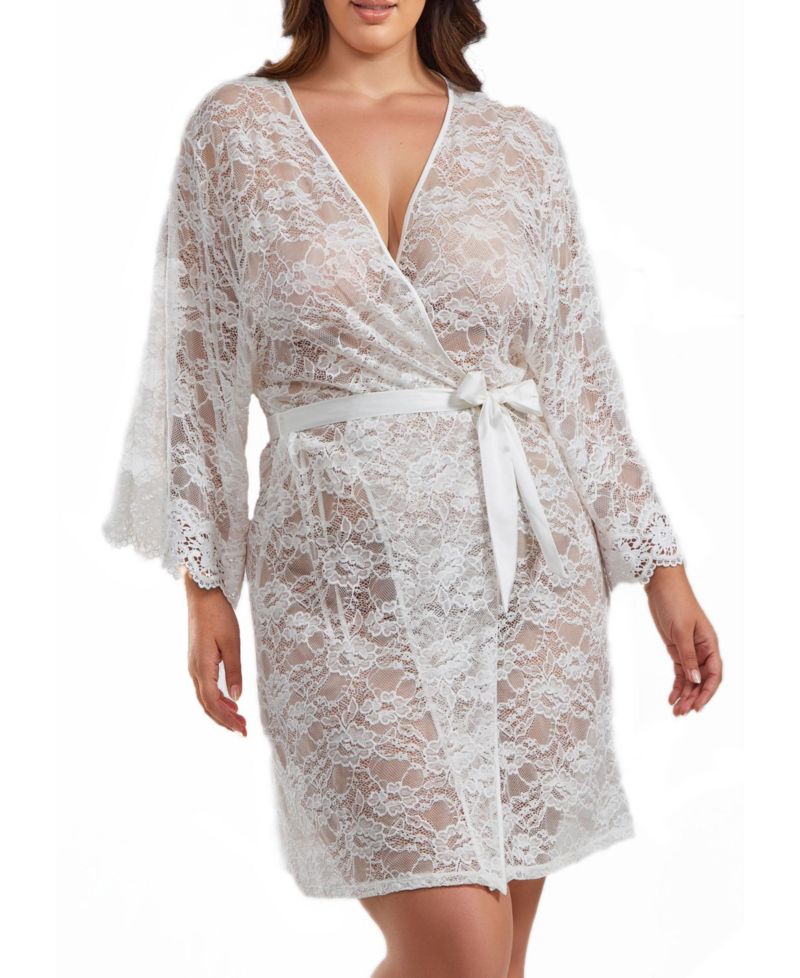 Jasmine Plus Size Soft Sheer Lace Robe with Self Tie Satin Sash