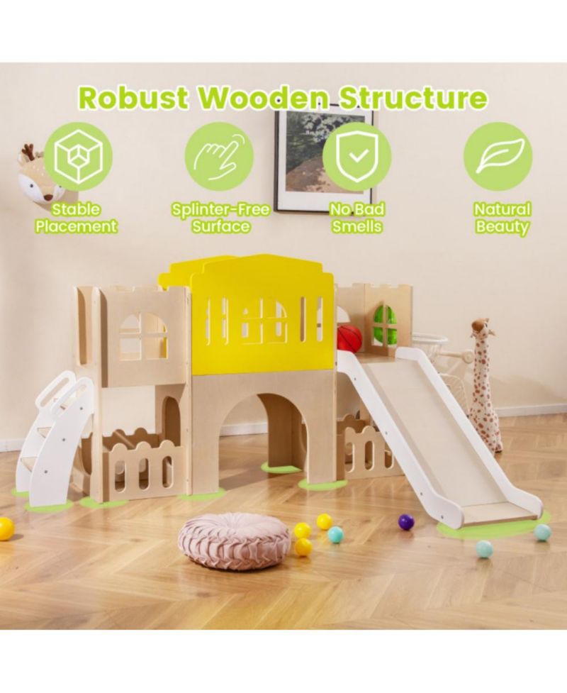 7-in-1 Wooden Slide and Climber Set with Basketball Hoop