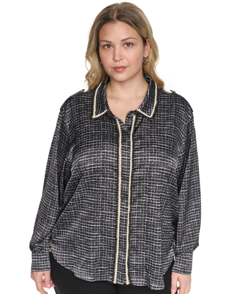 Plus Size Tweed Print Collared Long-Sleeve Top