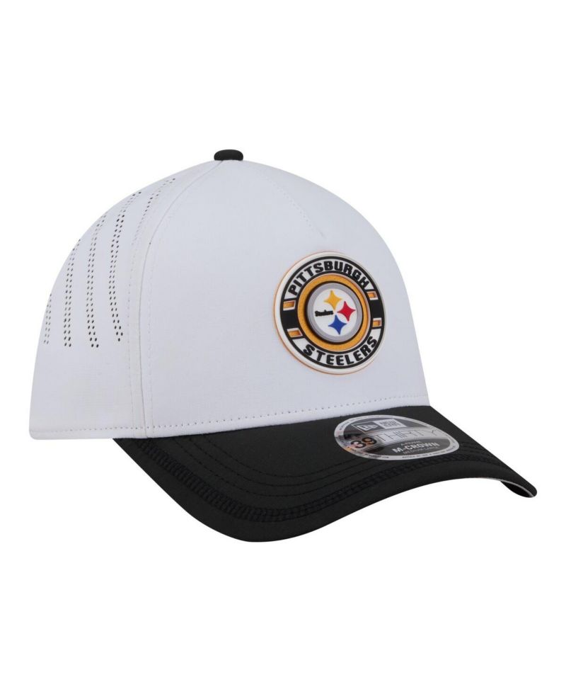 Men's White/Black Pittsburgh Steelers Patch 39THIRTY A-Frame M-Crown Perforated Flex Hat