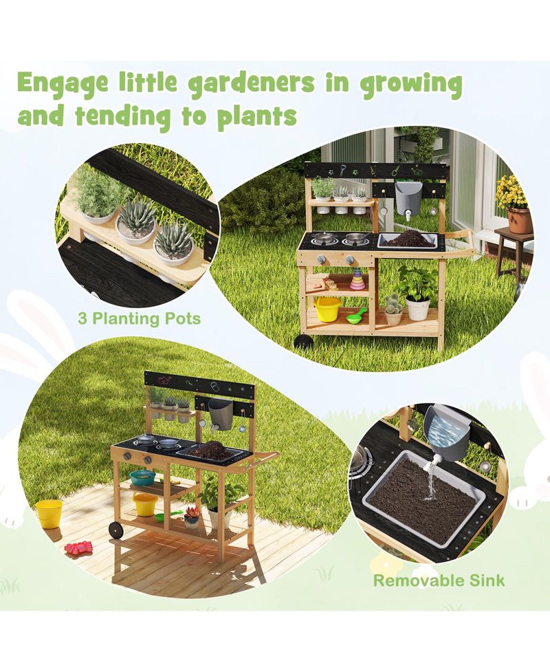 Mud Kitchen Fir Wood with Wheels Outdoor Play Kitchen with Planting Pots