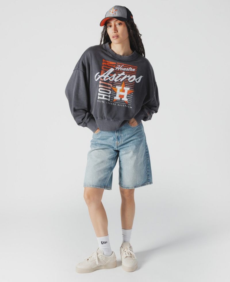 Women's Navy Houston Astros Boxy Mineral Wash Dolmen Sleeve Cropped Sweatshirt