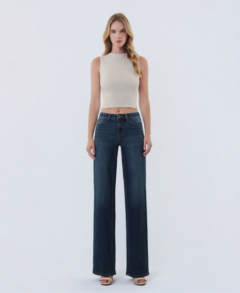 Women's Mid Rise Full Length Wide Leg Jeans