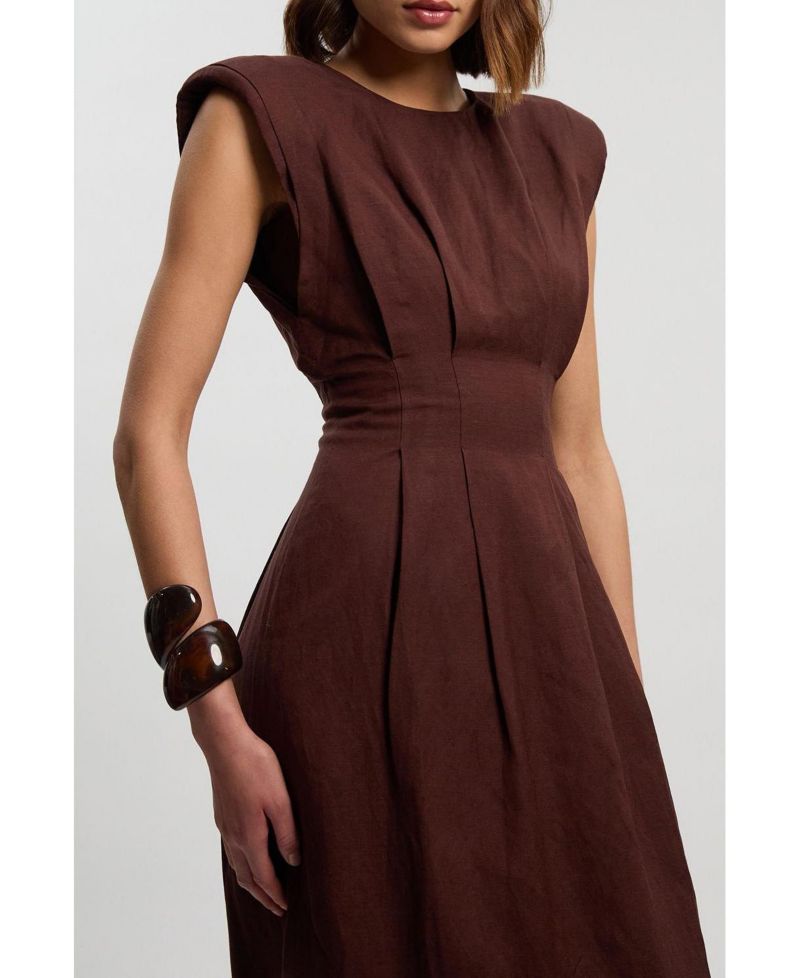 Women's Linen Blend Pintuck Midi Dress