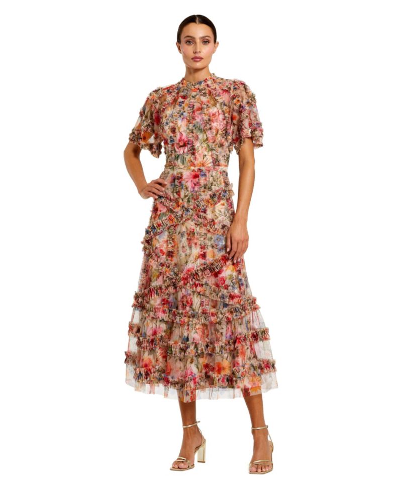 Women's Floral Flutter Sleeve Mesh Print Dress