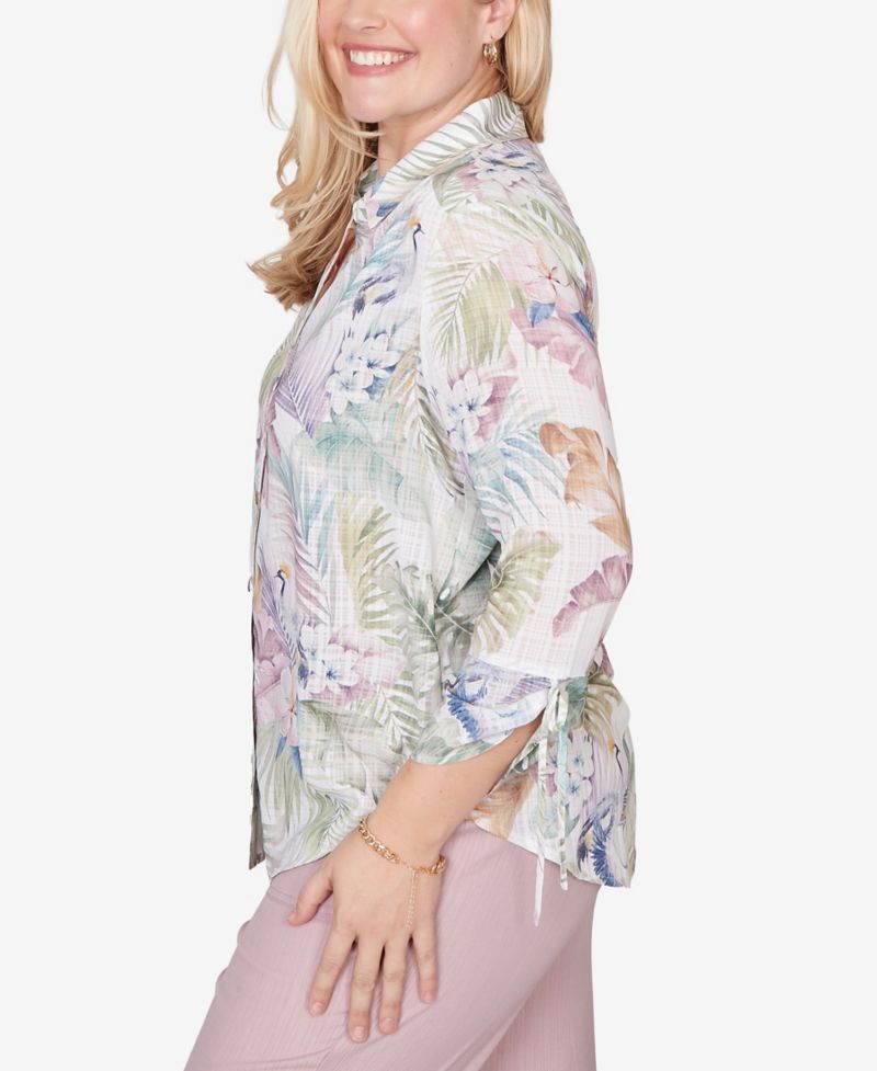 Women's Vintage Charm Tropical Button-Front Tie-Sleeve Top