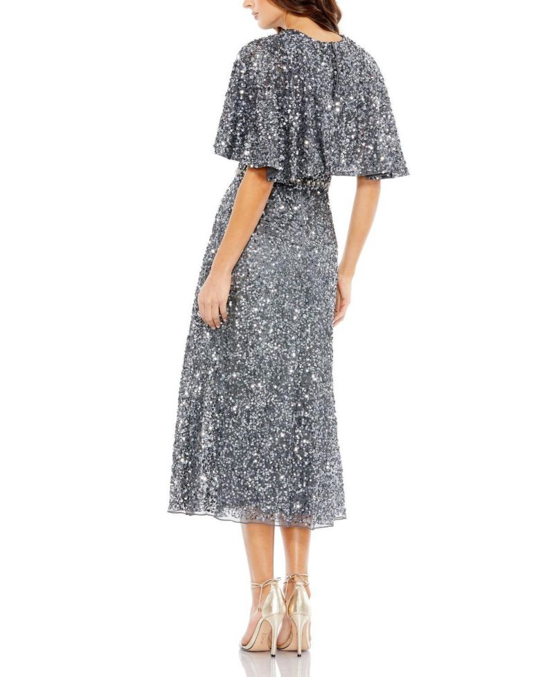 Women's Embellished Cape High Neck Midi Dress