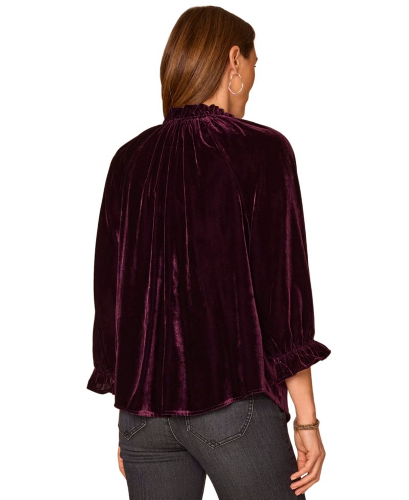 Women's Petite 3/4-Sleeve Velvet Split-Neck Blouse