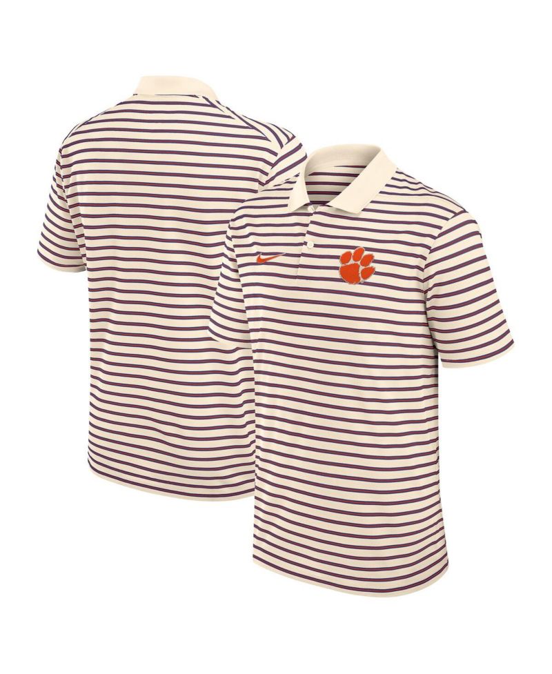 Men's Cream/Purple Clemson Tigers Solid Foundation Striped Performance Polo Shirt