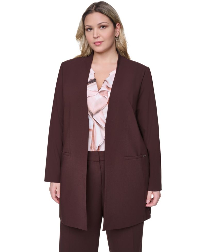 Plus Size Collarless Open-Front Rollback-Cuff Blazer