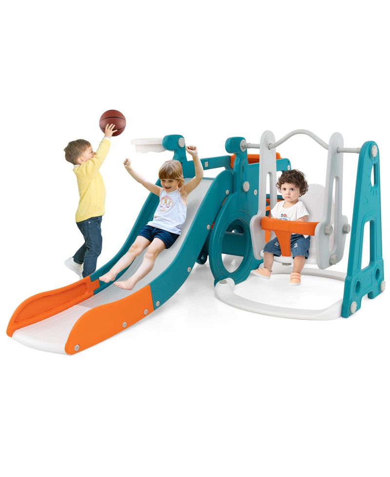 Kids' 5-in-1 Slide and Swing Set with Mini Bus and Basketball Hoop