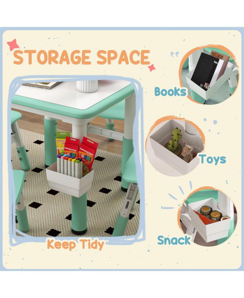 Kids Table and Chair Set Height Adjustable 5 Piece Toddler Table Set with Storage Box Easy Clean Activity Table with 4 Chairs for 18M 5Y Green