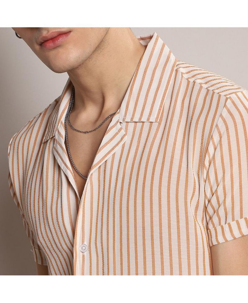 Men's White & Brown Unbalanced Striped Shirt