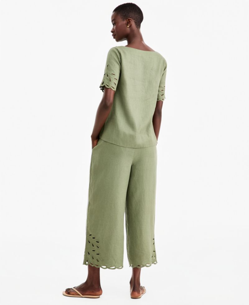Women's Linen Eyelet-Hem Cropped Wide-Leg Pants