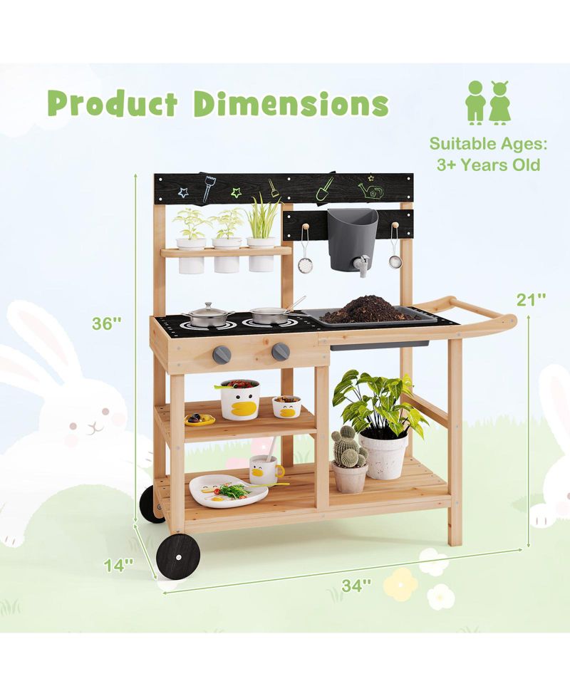 Mud Kitchen Fir Wood with Wheels Outdoor Play Kitchen with Planting Pots