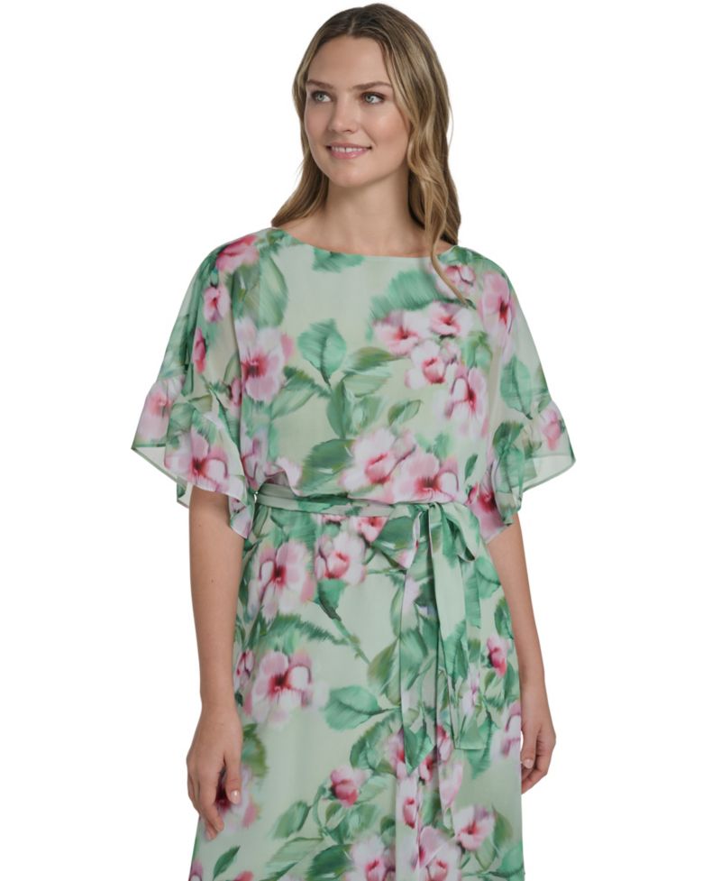 Petite Jewel Neck Ruffle-Sleeve Dress
