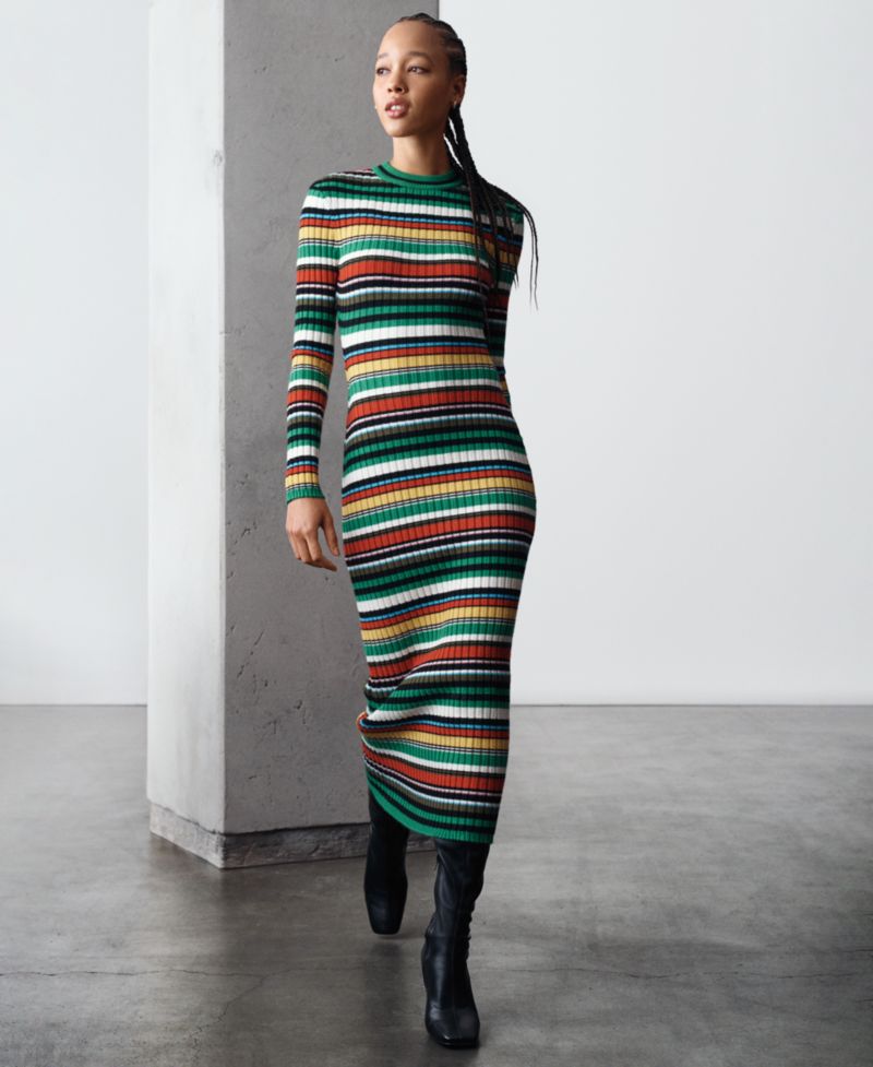Women's Long-Sleeve Ribbed Striped Sweater Dress