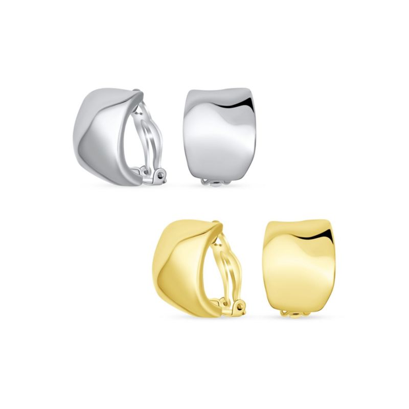 Hammered Dome Half Hoop Clip On Earrings Polish Silver Gold Plated (2 Set)