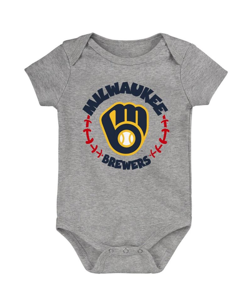 Newborn and Infant Boys and Girls Gold, White, Heather Gray Milwaukee Brewers Biggest Little Fan 3-Pack Bodysuit Set