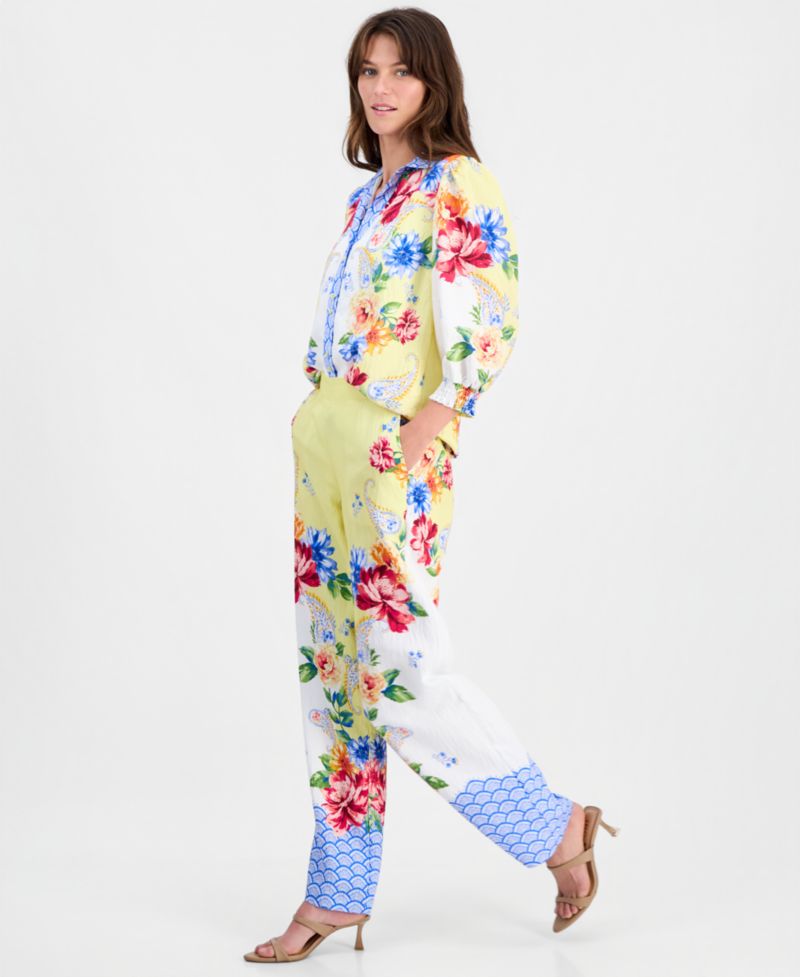 Women's Mixed-Print Wide-Leg Pull-On Pants
