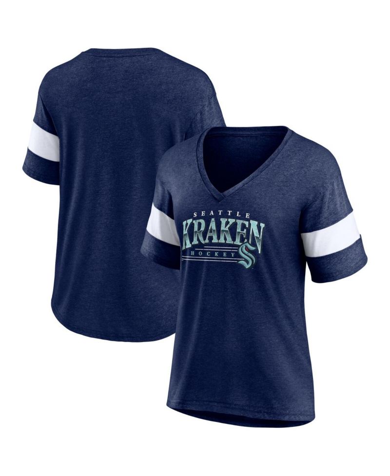 Women's Heather Deep Sea Blue Seattle Kraken Clapper V-Neck Half-Sleeve T-Shirt