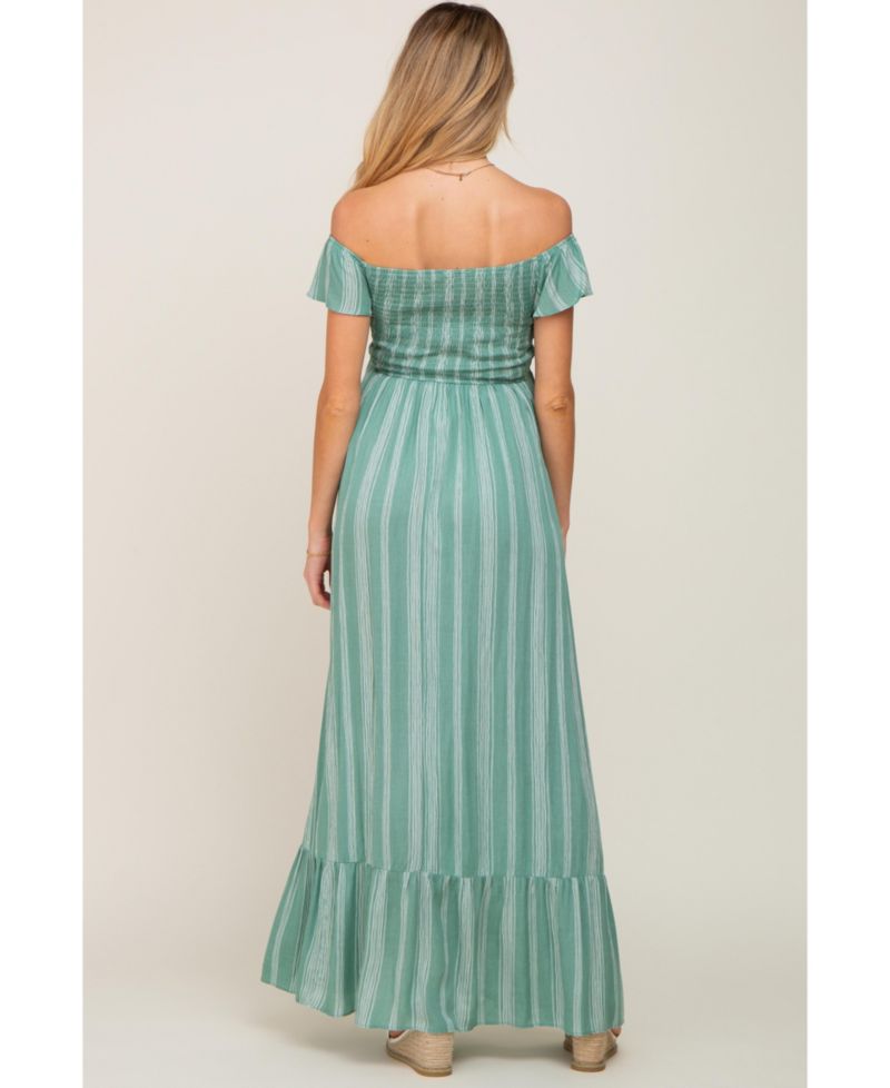 Women's Green Striped Off Shoulder Front Tie Maxi Dress