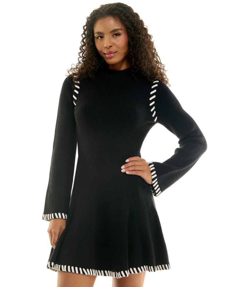 Juniors' Fit & Flare Mock Neck Sweater Dress with Flare Sleeves