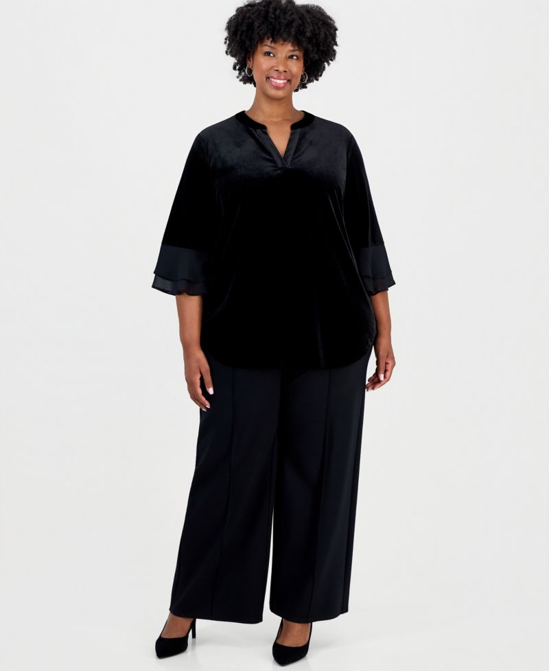 Plus Size Split-Neck 3/4-Length Flutter-Sleeve Blouse