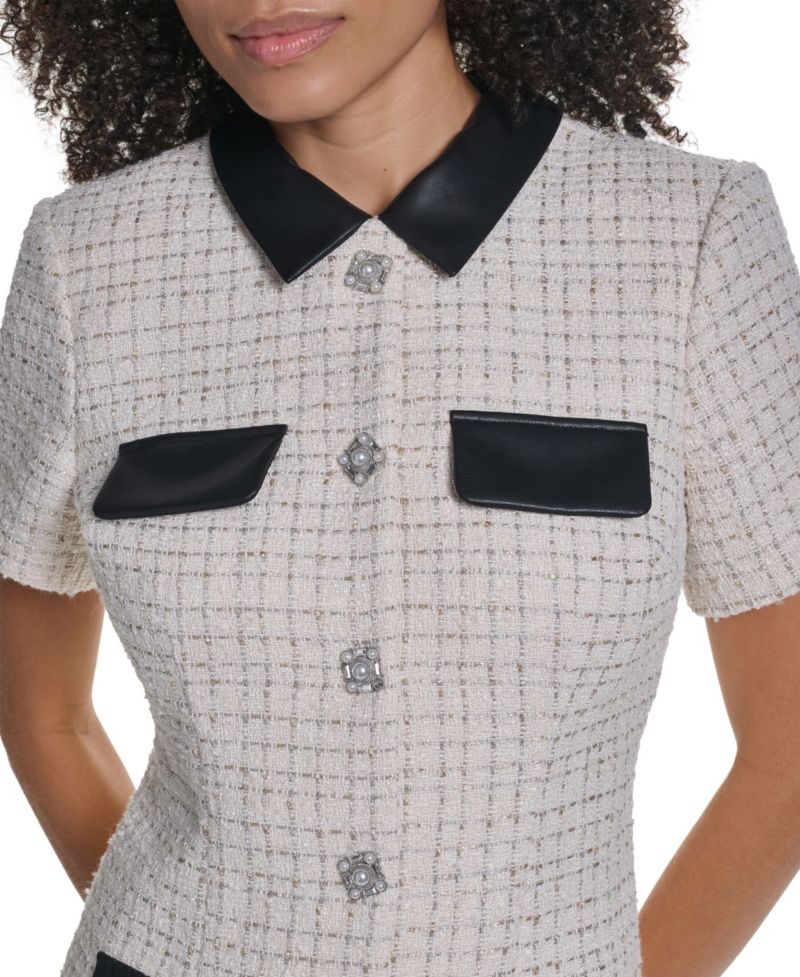 Women's Boucle-Tweed Short-Sleeve Knee-Length Dress